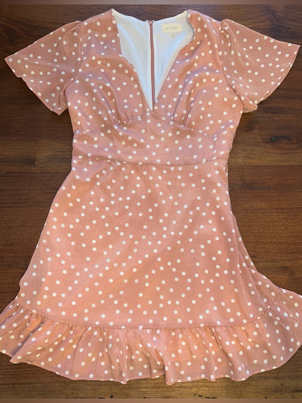 Melloday Pink and White Polka Dot V-Neck Mini Dress Ruffled Hem w/ slip medium